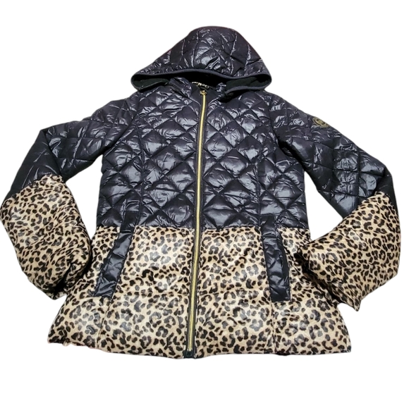 MICHAEL MICHAEL KORS Girls Black & Leopard Print Down Jacket